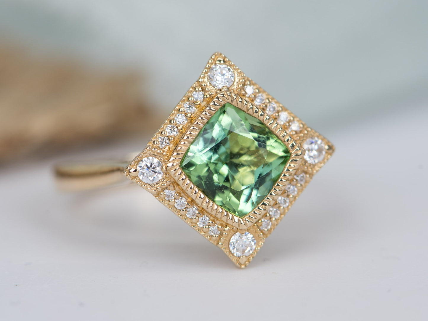 1.5ct Mint Green Tourmaline 14K Gold Moissanite Halo Engagement Ring AD2219-3