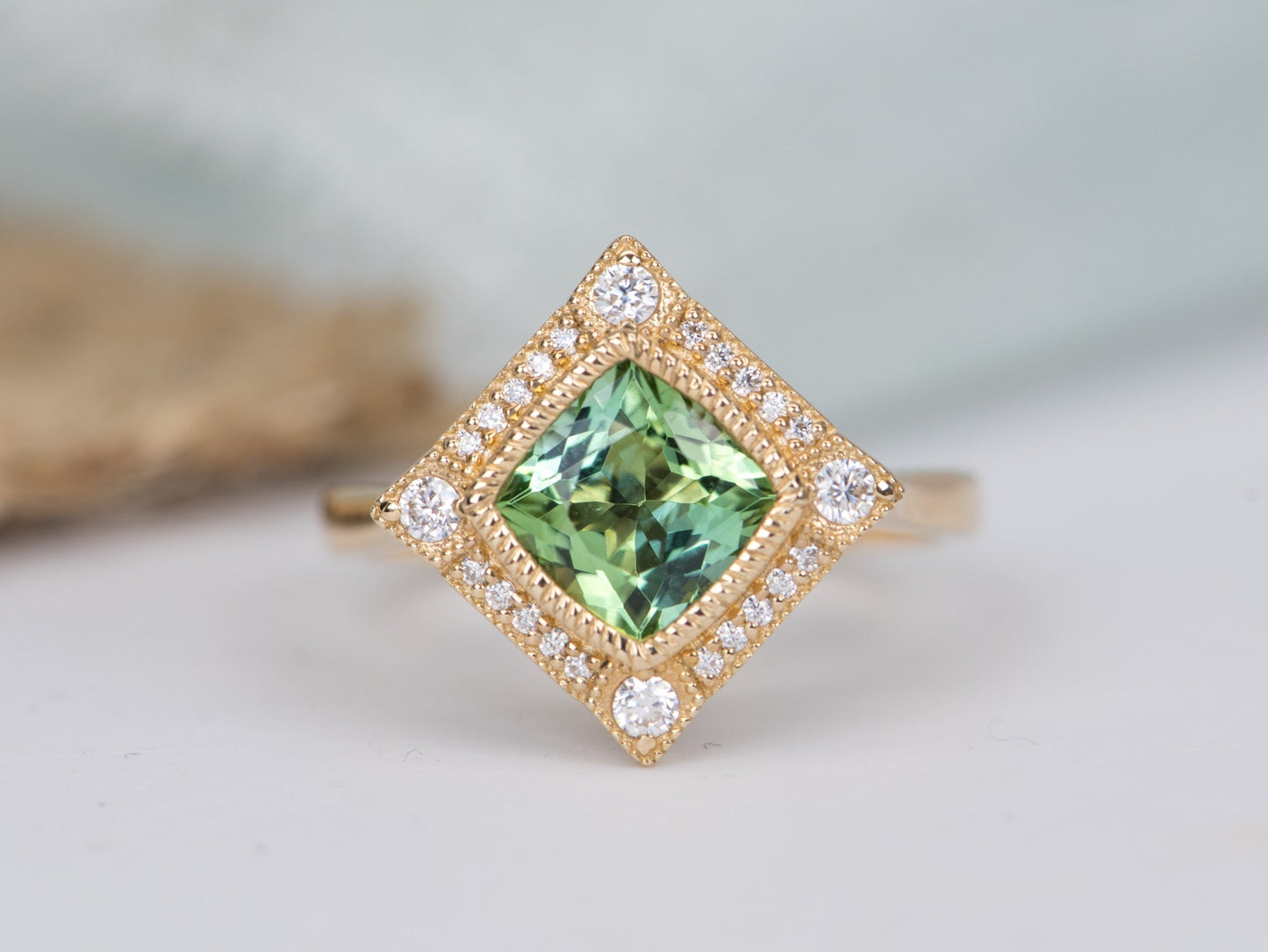 1.5ct Mint Green Tourmaline 14K Gold Moissanite Halo Engagement Ring AD2219-3