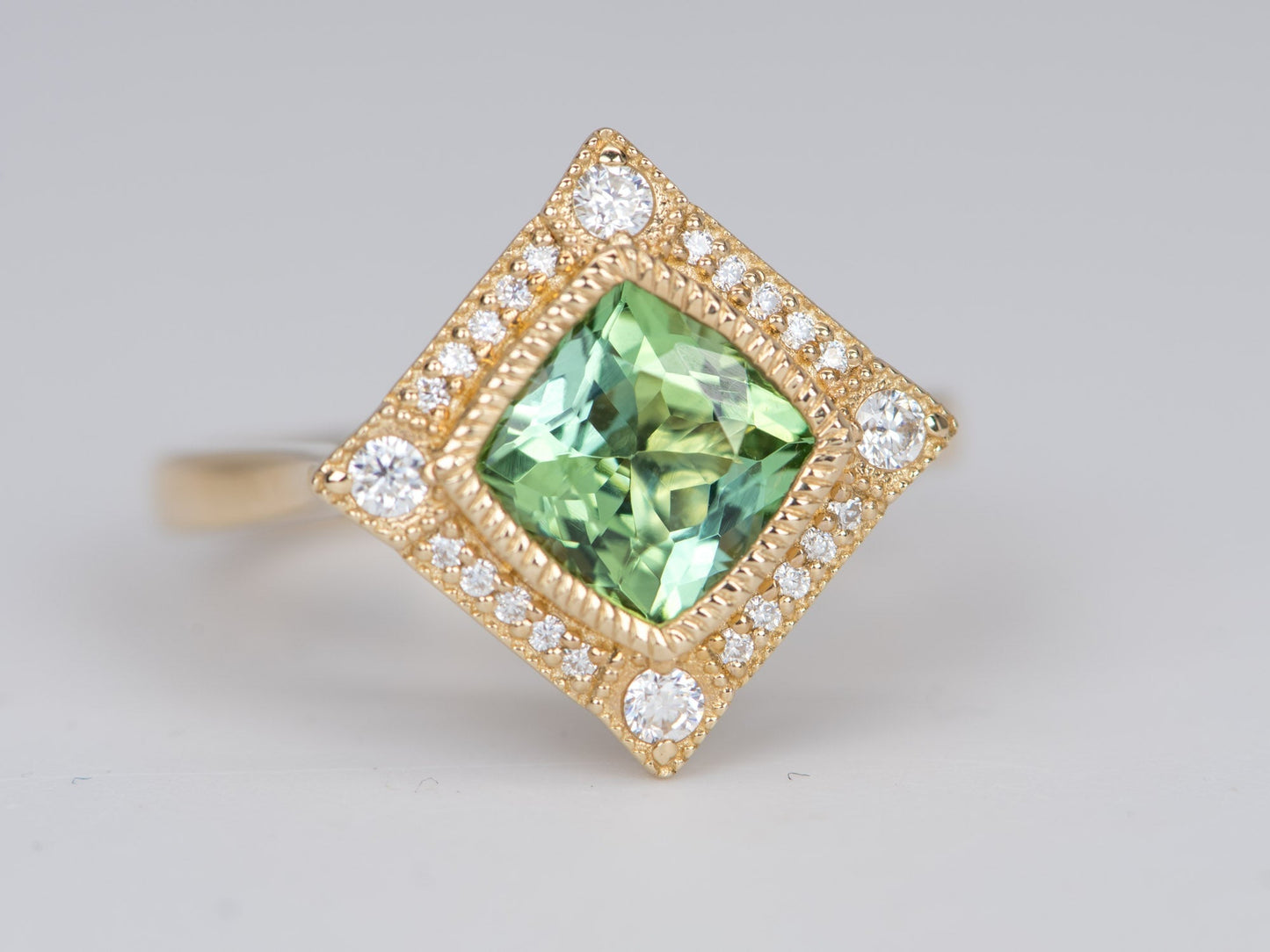 1.5ct Mint Green Tourmaline 14K Gold Moissanite Halo Engagement Ring AD2219-3