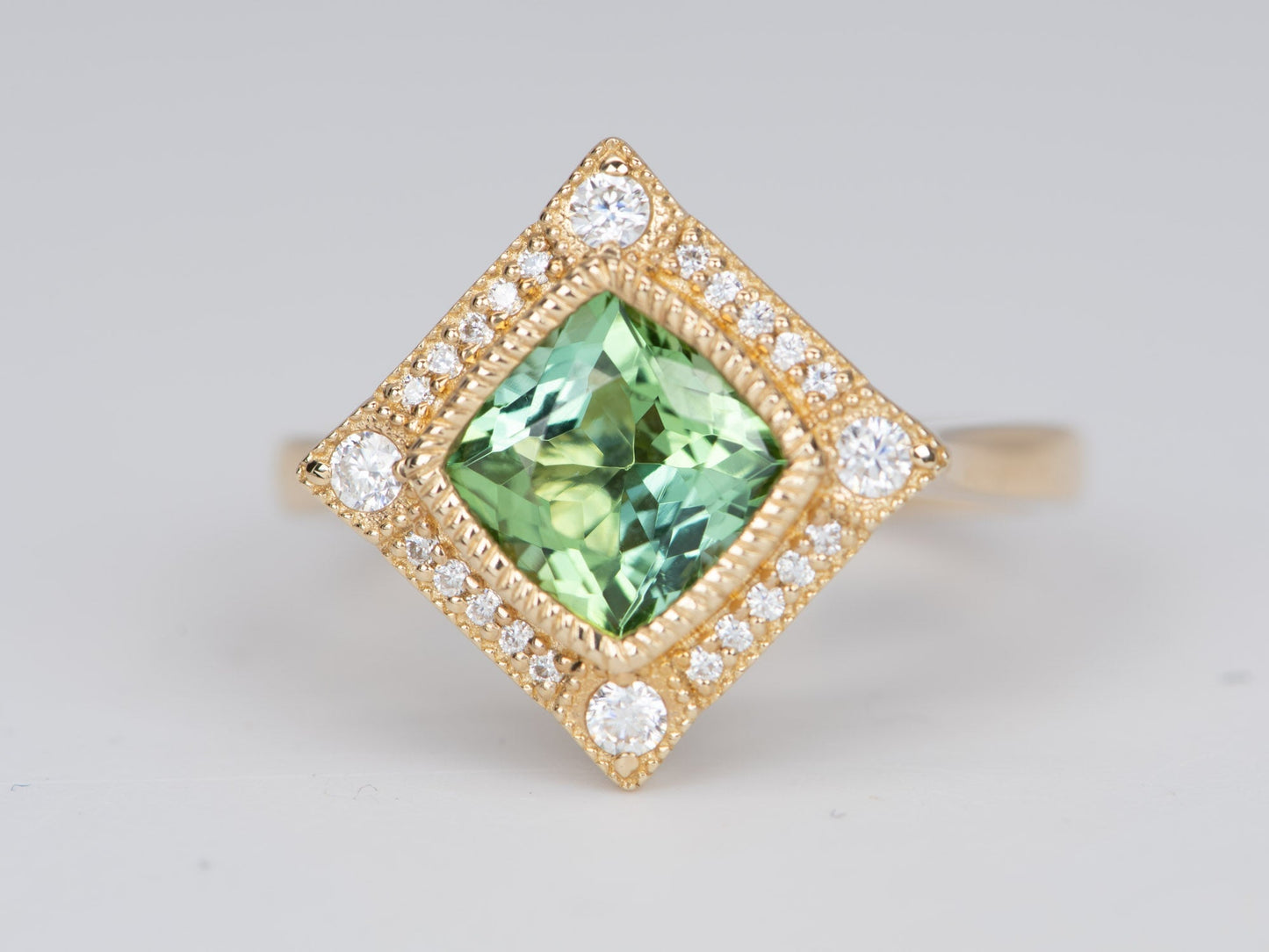 1.5ct Mint Green Tourmaline 14K Gold Moissanite Halo Engagement Ring AD2219-3