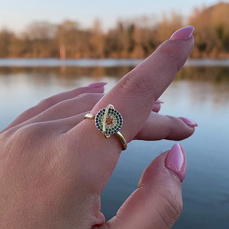 Rising Sun Spinner Planet Open Adjustable Anxiety  Ring In Sterling Silver-Maxinejewelry