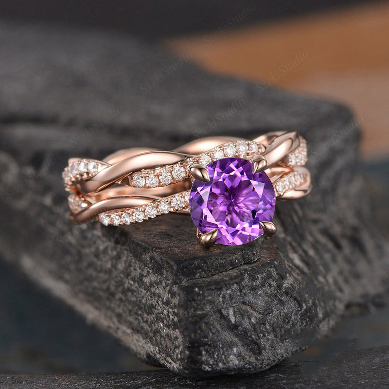 Rose Gold Twist Round Cut Amethyst Purple Wedding Set In Sterling Silver-Maxinejewelry