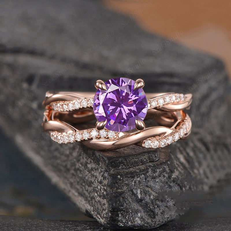 Rose Gold Twist Round Cut Amethyst Purple Wedding Set In Sterling Silver-Maxinejewelry