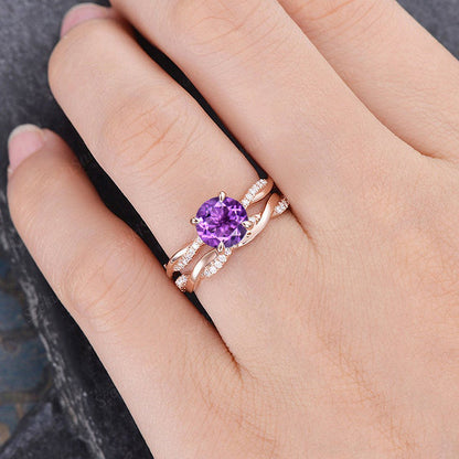 Rose Gold Twist Round Cut Amethyst Purple Wedding Set In Sterling Silver-Maxinejewelry