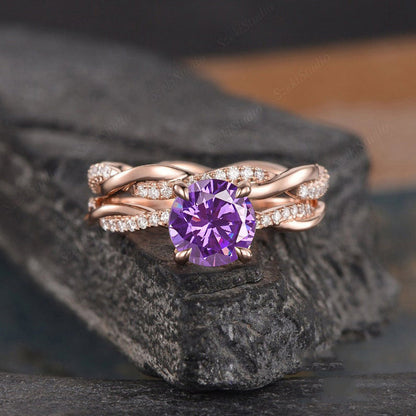 Rose Gold Twist Round Cut Amethyst Purple Wedding Set In Sterling Silver-Maxinejewelry