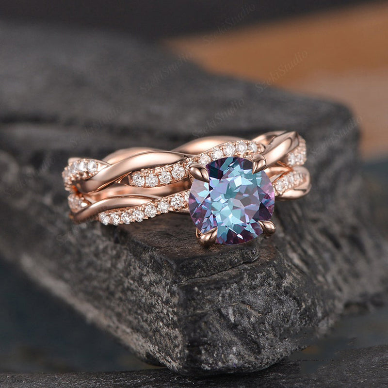 Rose Gold Twist Round Cut Alexandrite Wedding Set In Sterling Silver-Maxinejewelry