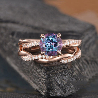 Rose Gold Twist Round Cut Alexandrite Wedding Set In Sterling Silver-Maxinejewelry