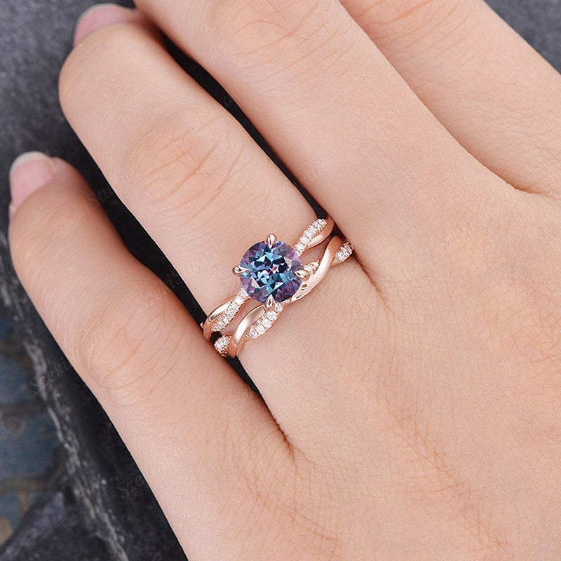 Rose Gold Twist Round Cut Alexandrite Wedding Set In Sterling Silver-Maxinejewelry