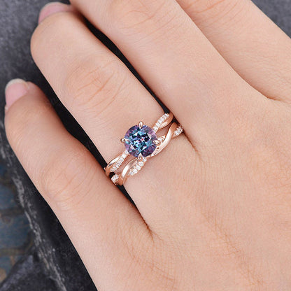 Rose Gold Twist Round Cut Alexandrite Wedding Set In Sterling Silver-Maxinejewelry