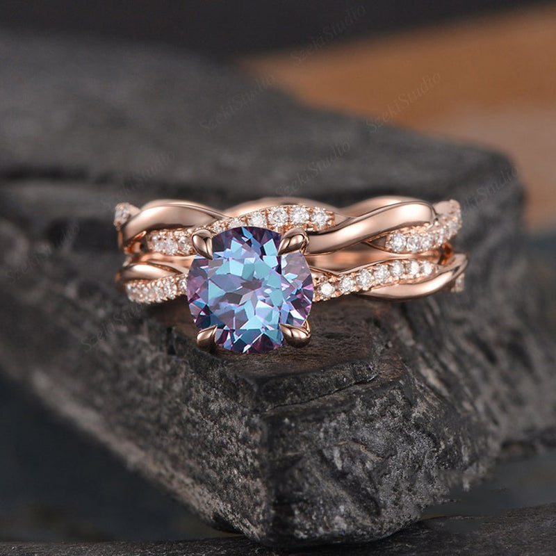 Rose Gold Twist Round Cut Alexandrite Wedding Set In Sterling Silver-Maxinejewelry