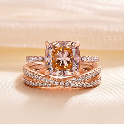 Elegant Rose Gold Hidden Halo Morganite Pink Cushion Cut Wedding Set In Sterling Silver-Maxinejewelry