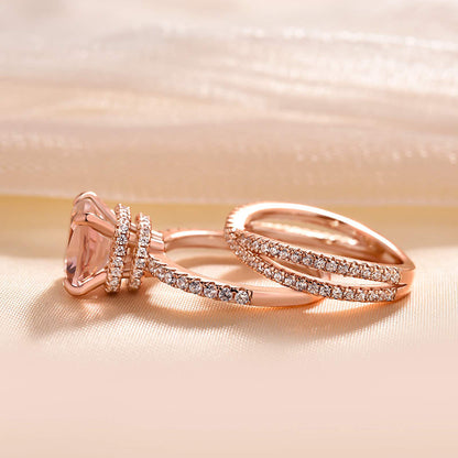 Elegant Rose Gold Hidden Halo Morganite Pink Cushion Cut Wedding Set In Sterling Silver-Maxinejewelry