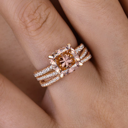 Elegant Rose Gold Hidden Halo Morganite Pink Cushion Cut Wedding Set In Sterling Silver-Maxinejewelry