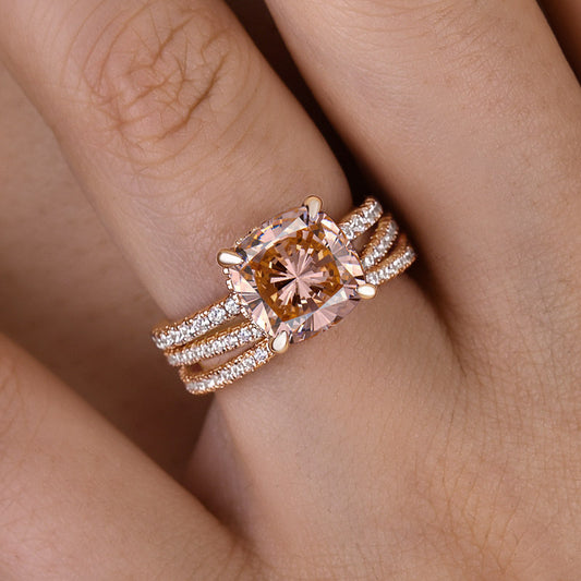 Elegant Rose Gold Hidden Halo Morganite Pink Cushion Cut Wedding Set In Sterling Silver-Maxinejewelry