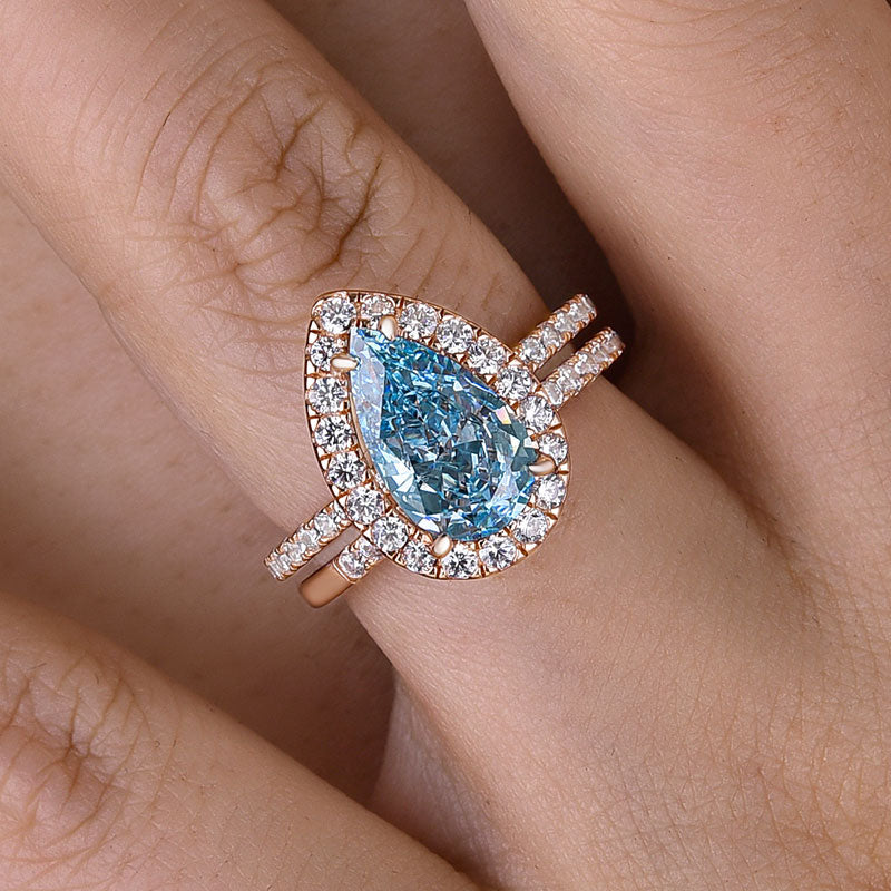 Elegant Rose Gold Halo Pear Cut Cyan Blue Wedding Ring Set In Sterling Silver-Maxinejewelry