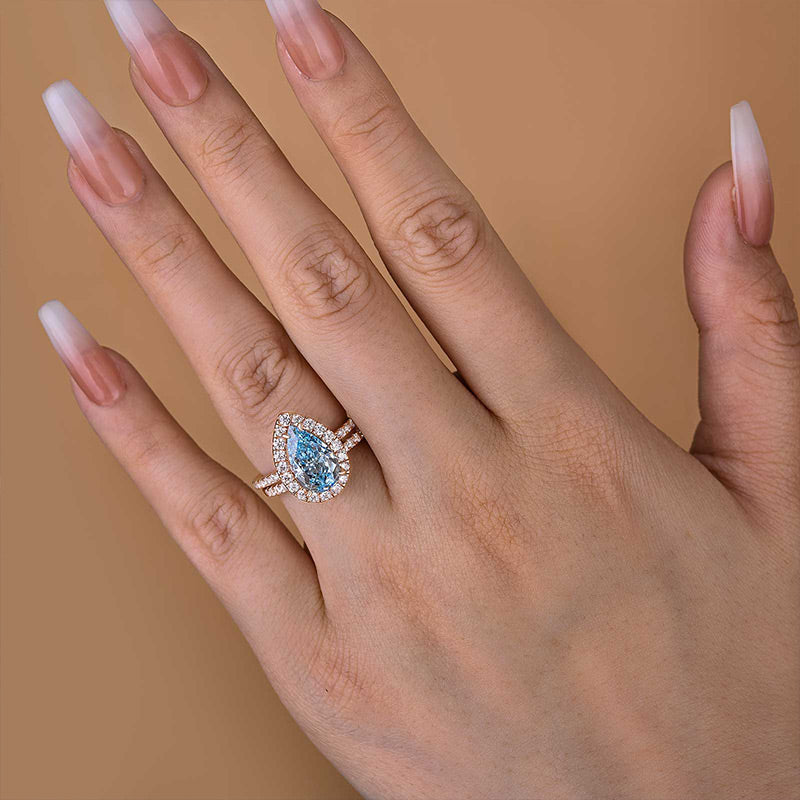 Elegant Rose Gold Halo Pear Cut Cyan Blue Wedding Ring Set In Sterling Silver-Maxinejewelry