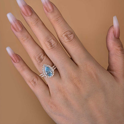 Elegant Rose Gold Halo Pear Cut Cyan Blue Wedding Ring Set In Sterling Silver-Maxinejewelry