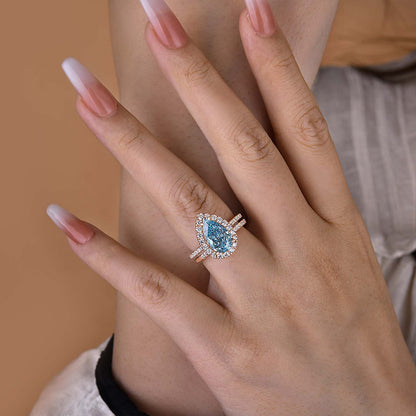 Elegant Rose Gold Halo Pear Cut Cyan Blue Wedding Ring Set In Sterling Silver-Maxinejewelry