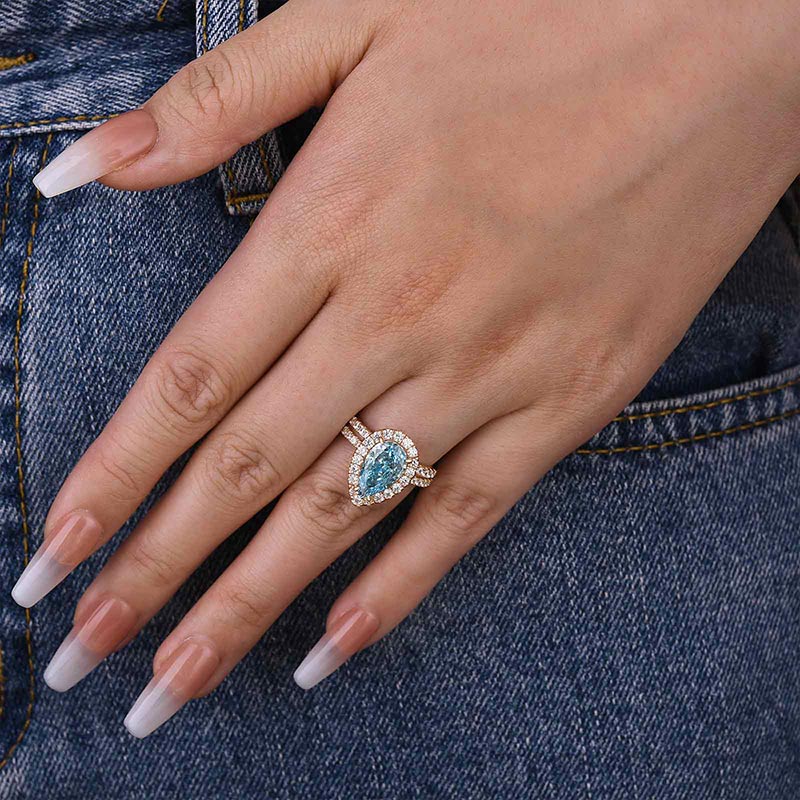 Elegant Rose Gold Halo Pear Cut Cyan Blue Wedding Ring Set In Sterling Silver-Maxinejewelry