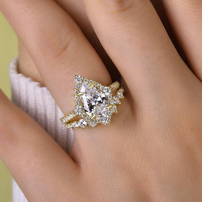 Elegant Rose Gold 2.2 Carat Halo Pear Cut Bridal Ring Set In Sterling Silver-Maxinejewelry