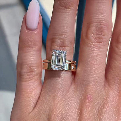 Timeless Yellow Gold Emerald Cut Wedding Ring Set In Sterling Silver-Maxinejewelry