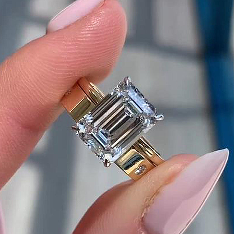 Timeless Yellow Gold Emerald Cut Wedding Ring Set In Sterling Silver-Maxinejewelry