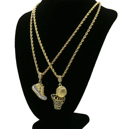 Hip Hop Retro Shoes Pendant &amp; Basketball Basketball Hoop Pendant Gold Plated Necklace