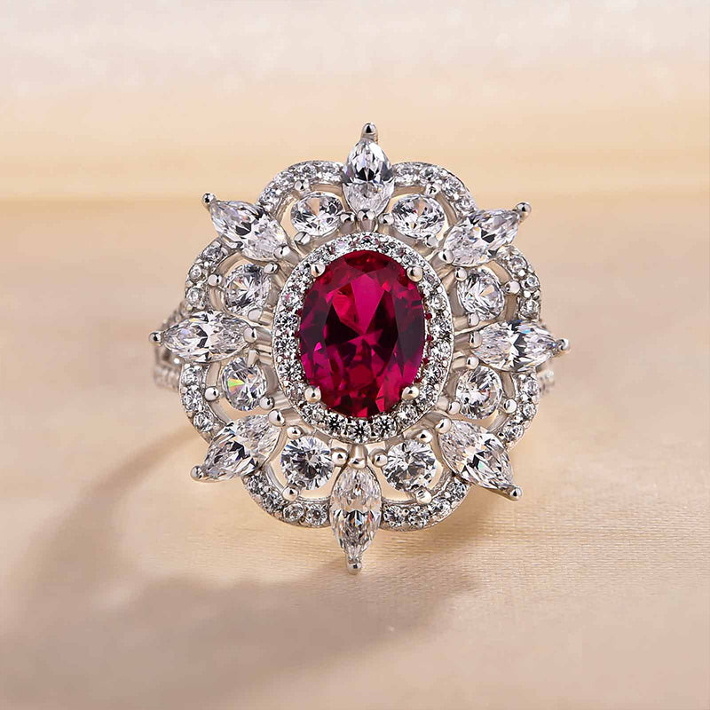 Exclusive Flower Shape 1.0 Carat Oval Cut Ruby Engagement Ring In White Gold-Maxinejewelry