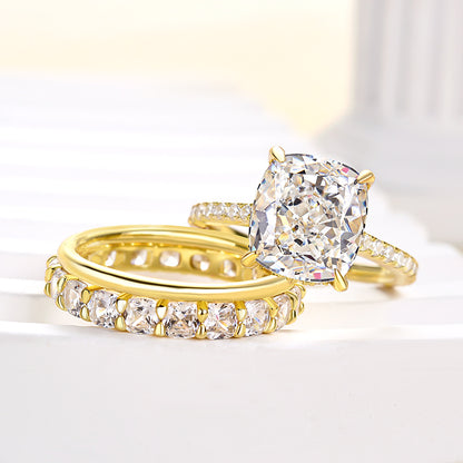 Excellent Yellow Gold Cushion Cut 3PC Women's Wedding Ring Set In Sterling Silver