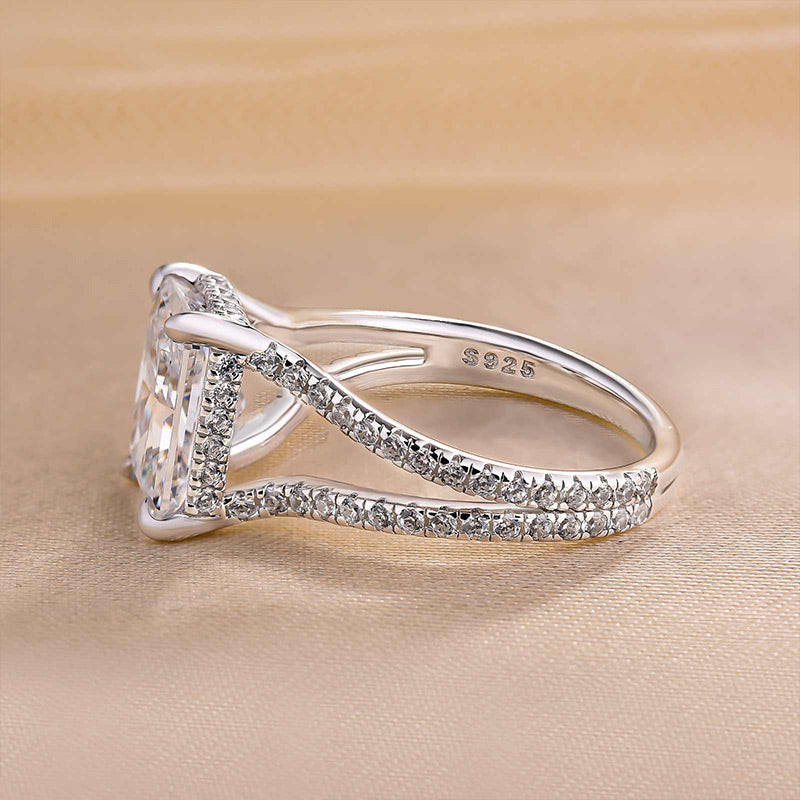 Unique Split Shank Radiant Cut Engagement Ring In Sterling Silver-Maxinejewelry