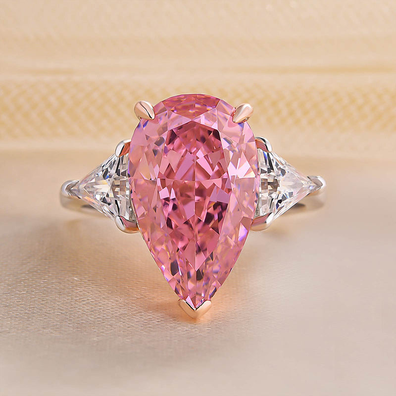 Elegant Pear Cut Pink Sapphire Three Stone Engagement Ring In Sterling Silver-Maxinejewelry