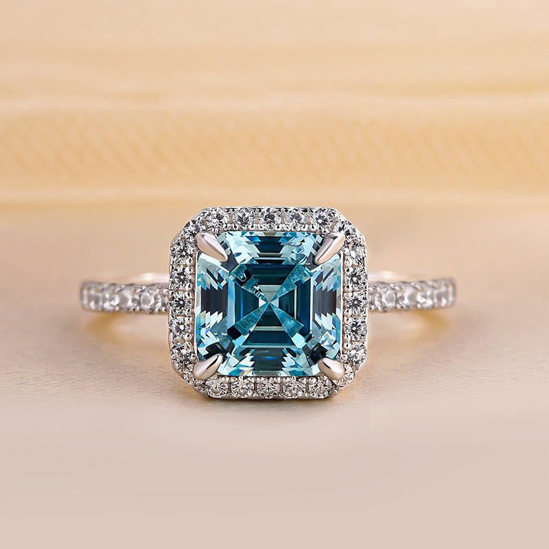 Exclusive Halo Asscher Cut Light Aquamarine Blue Engagement Ring In Sterling Silver-Maxinejewelry