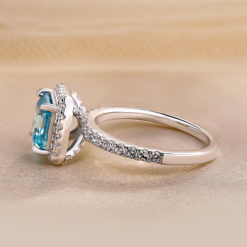 Exclusive Halo Asscher Cut Light Aquamarine Blue Engagement Ring In Sterling Silver-Maxinejewelry