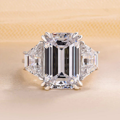 Luxurious Emerald Cut Three Stone Engagement Ring In Sterling Silver-Maxinejewelry