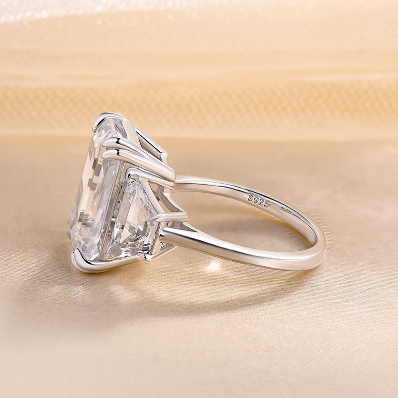 Luxurious Emerald Cut Three Stone Engagement Ring In Sterling Silver-Maxinejewelry