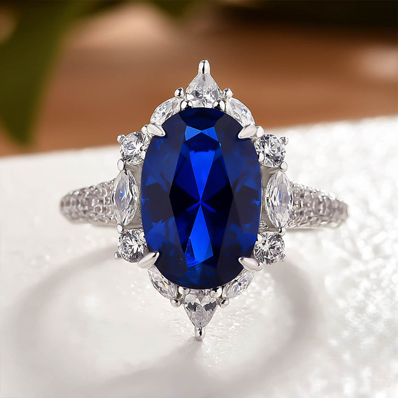 Gorgeous Halo Split Shank Oval Cut Blue Sapphire Engagement Ring In Sterling Silver-Maxinejewelry