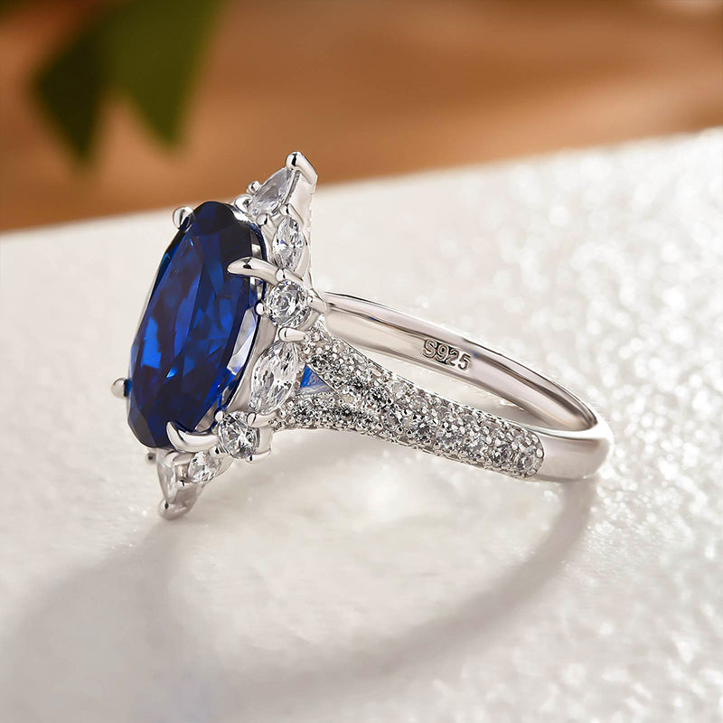 Gorgeous Halo Split Shank Oval Cut Blue Sapphire Engagement Ring In Sterling Silver-Maxinejewelry