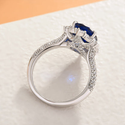 Gorgeous Halo Split Shank Oval Cut Blue Sapphire Engagement Ring In Sterling Silver-Maxinejewelry