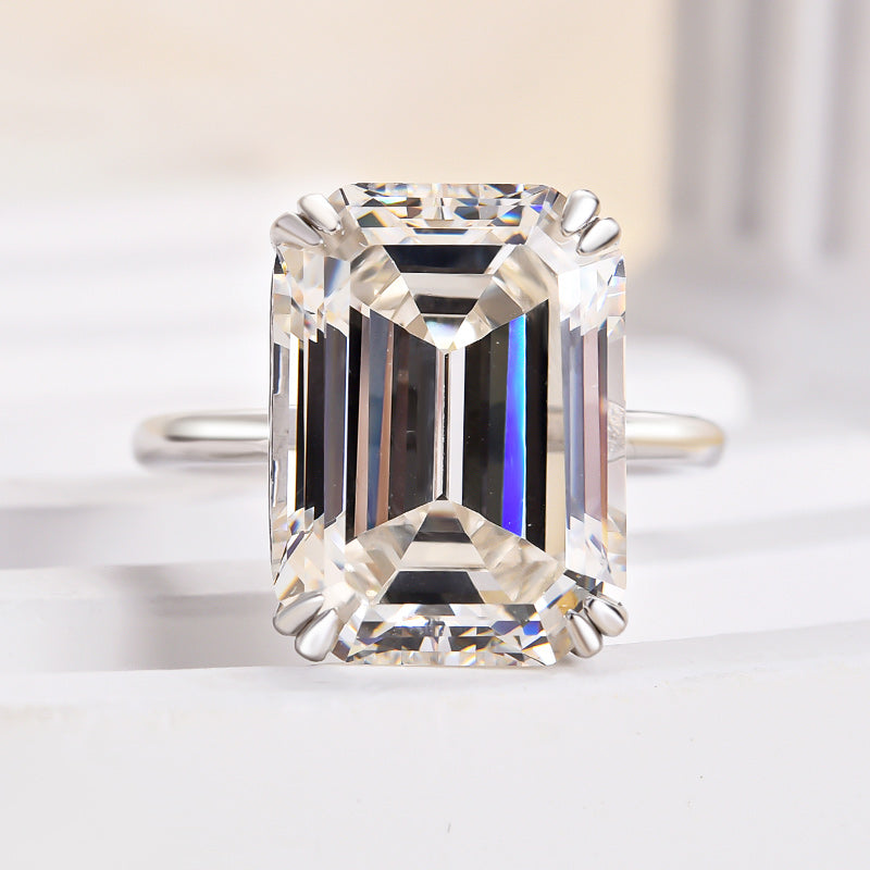 Luxurious Big Emerald Cut Engagement Ring In Sterling Silver