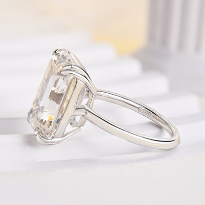 Luxurious Big Emerald Cut Engagement Ring In Sterling Silver