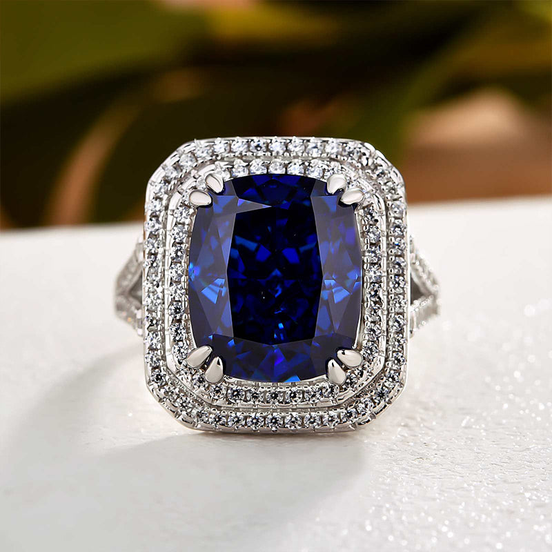 Luxurious Double Halo Blue Sapphire Cushion Cut Engagement Ring In Sterling Silver-Maxinejewelry