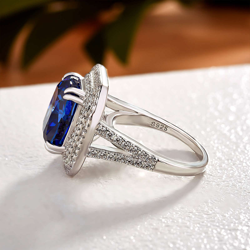 Luxurious Double Halo Blue Sapphire Cushion Cut Engagement Ring In Sterling Silver