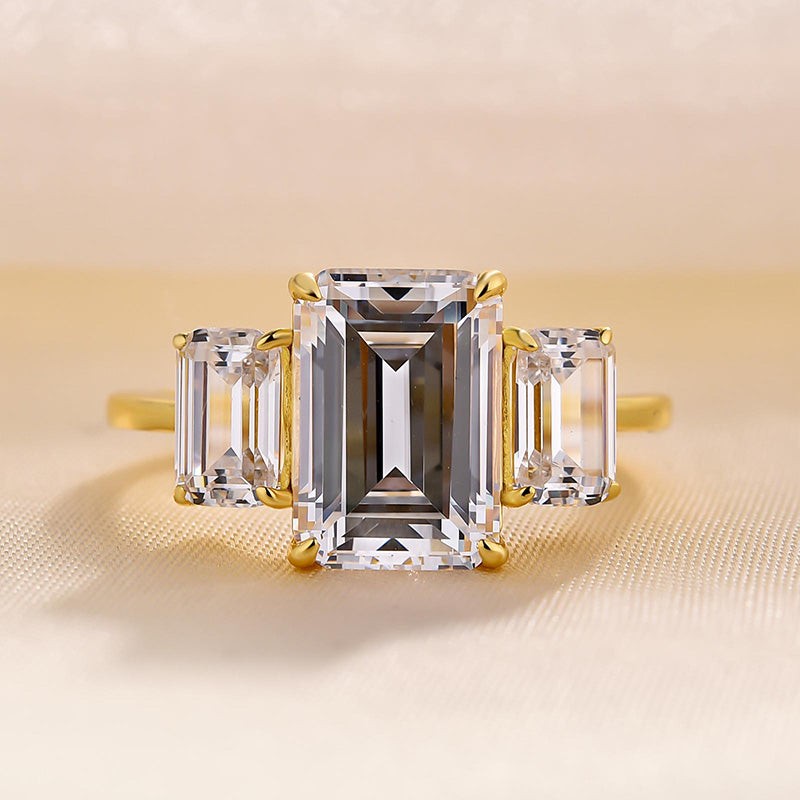 Stunning Yellow Gold Emerald Cut Three Stone Engagement Ring In Sterling Silver