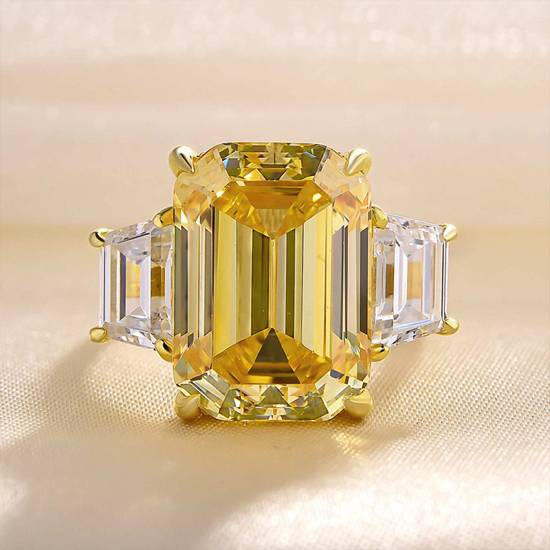 Luxurious Emerald Cut Three Stone Yellow Sapphire Engagement Ring In Sterling Silver-Maxinejewelry