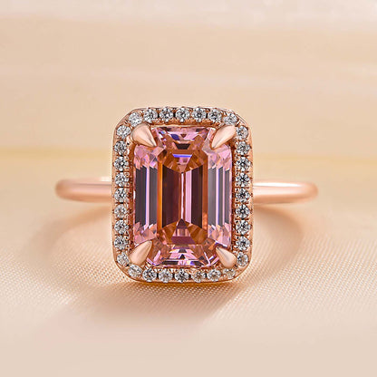 Exclusive Rose Gold Halo Emerald Cut Padparadscha Engagement Ring In Sterling Silver