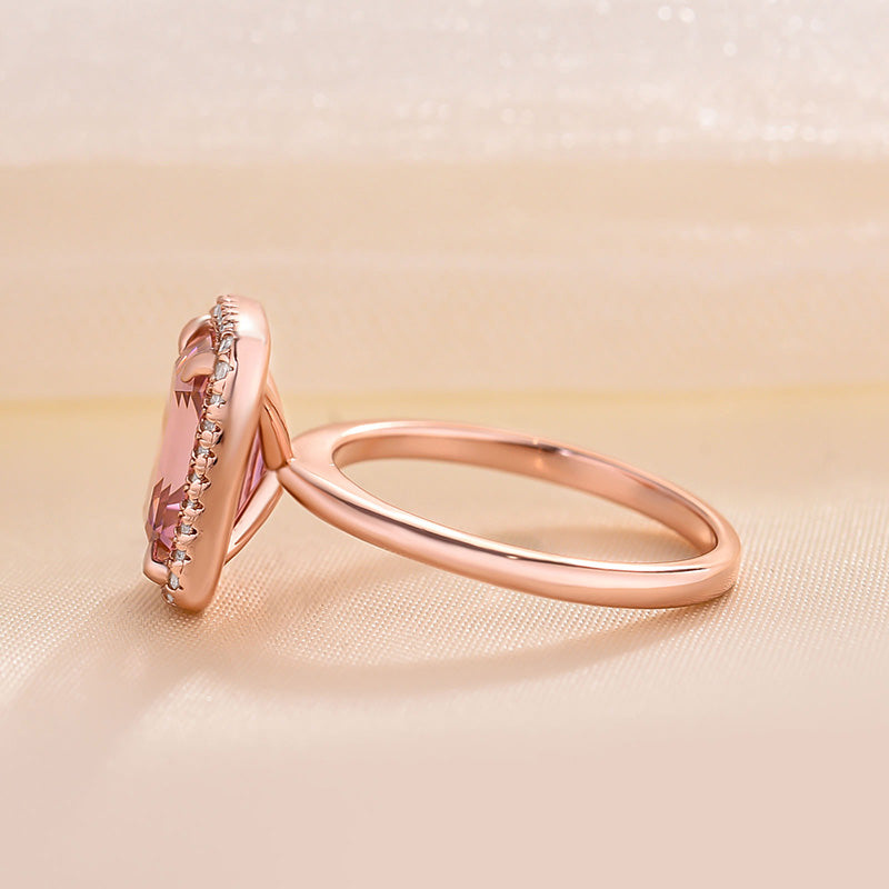 Exclusive Rose Gold Halo Emerald Cut Padparadscha Engagement Ring In Sterling Silver