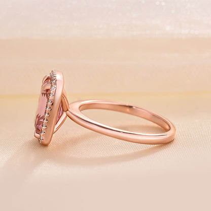 Exclusive Rose Gold Halo Emerald Cut Padparadscha Engagement Ring In Sterling Silver