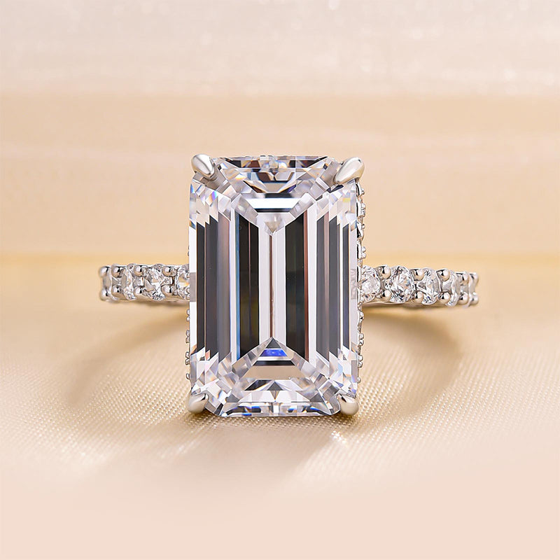 Exclusive Elongated Emerald Cut Engagement Ring In Sterling Silver-Maxinejewelry