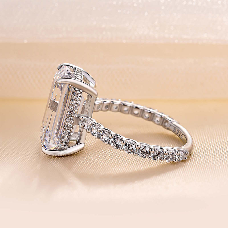 Exclusive Elongated Emerald Cut Engagement Ring In Sterling Silver-Maxinejewelry