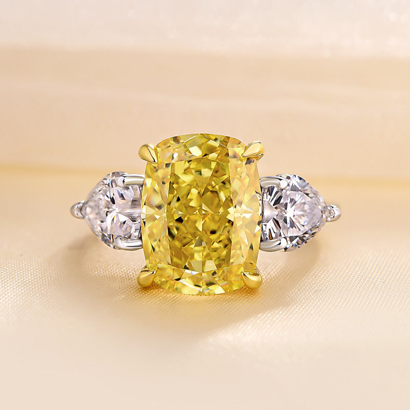 Elegant Cushion Cut Three Stone Yellow Sapphire Engagement Ring In Sterling Silver